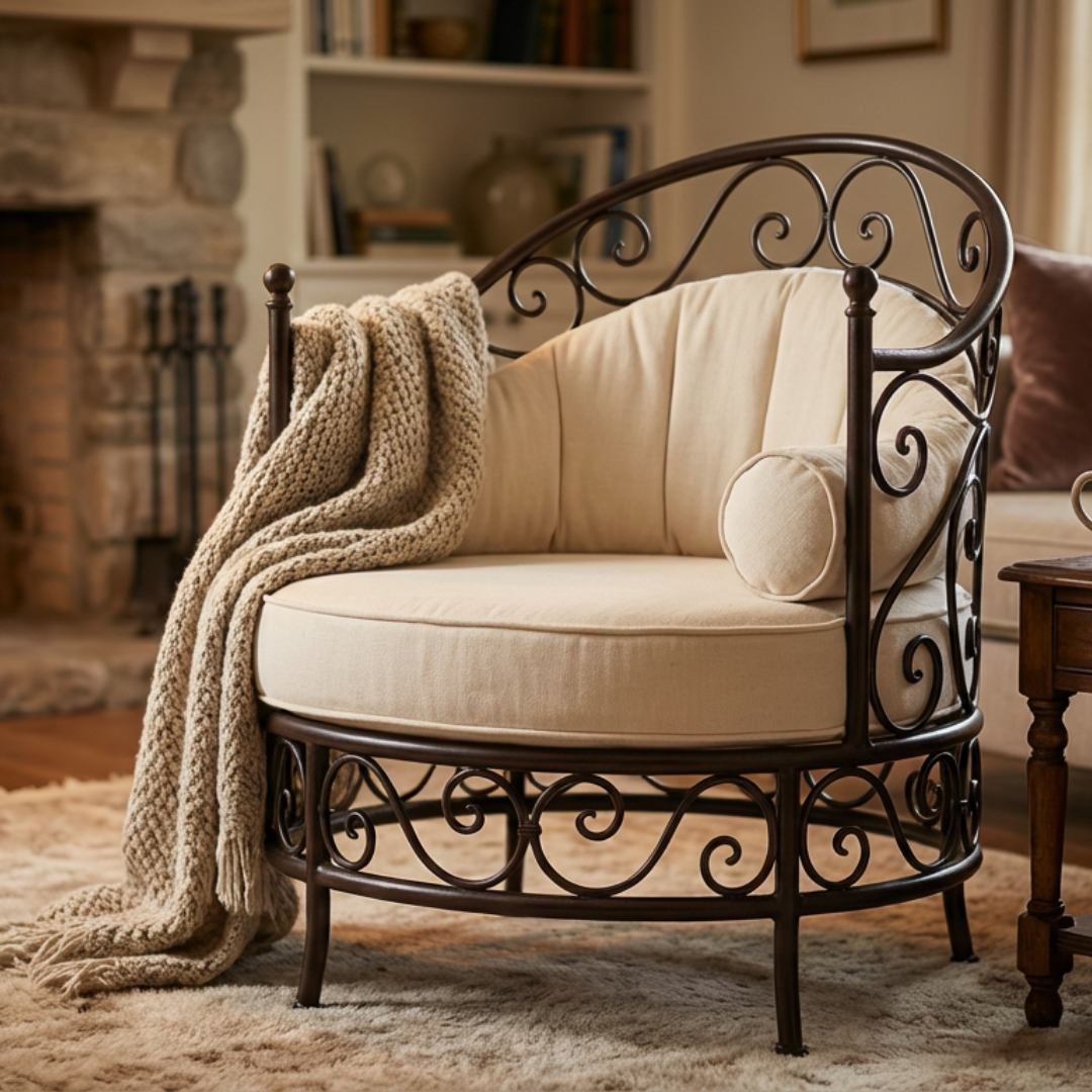 Fauteuil rond en fer forgé avec coussins beige, installé dans un salon chaleureux près d'une cheminée en pierre.