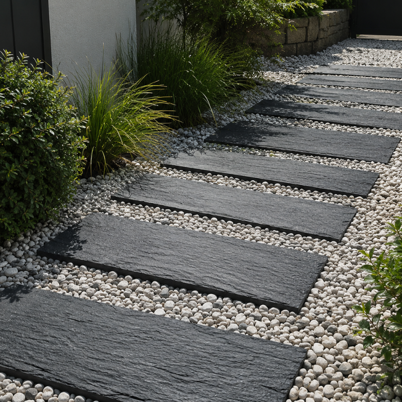 Dalles de schiste naturel posées sur gravier clair pour créer une allée de jardin contemporaine