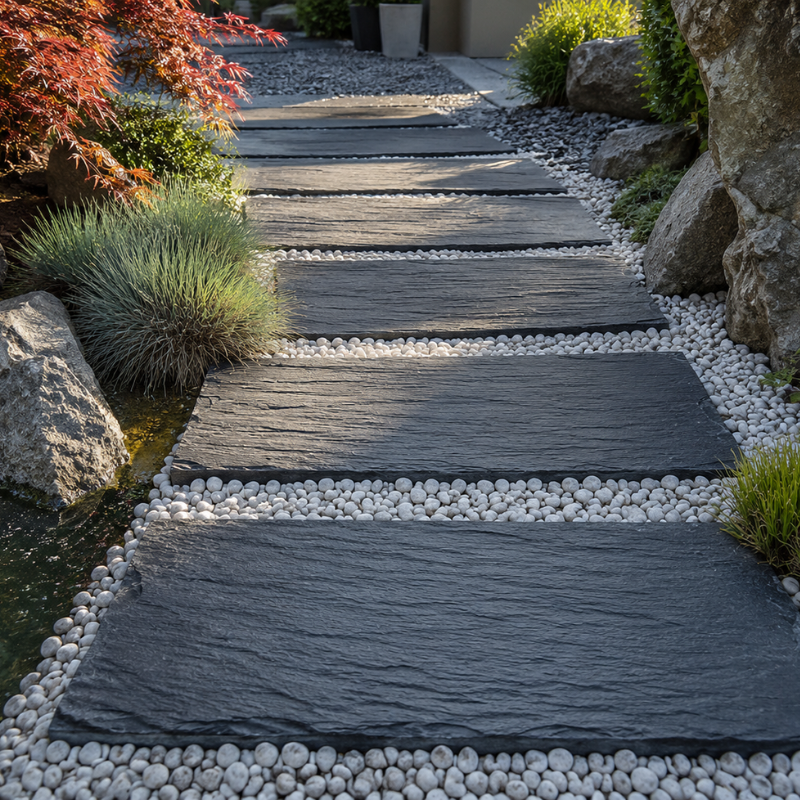 Dalles en schiste naturel posées en cheminement de jardin avec galets blancs et plantes décoratives