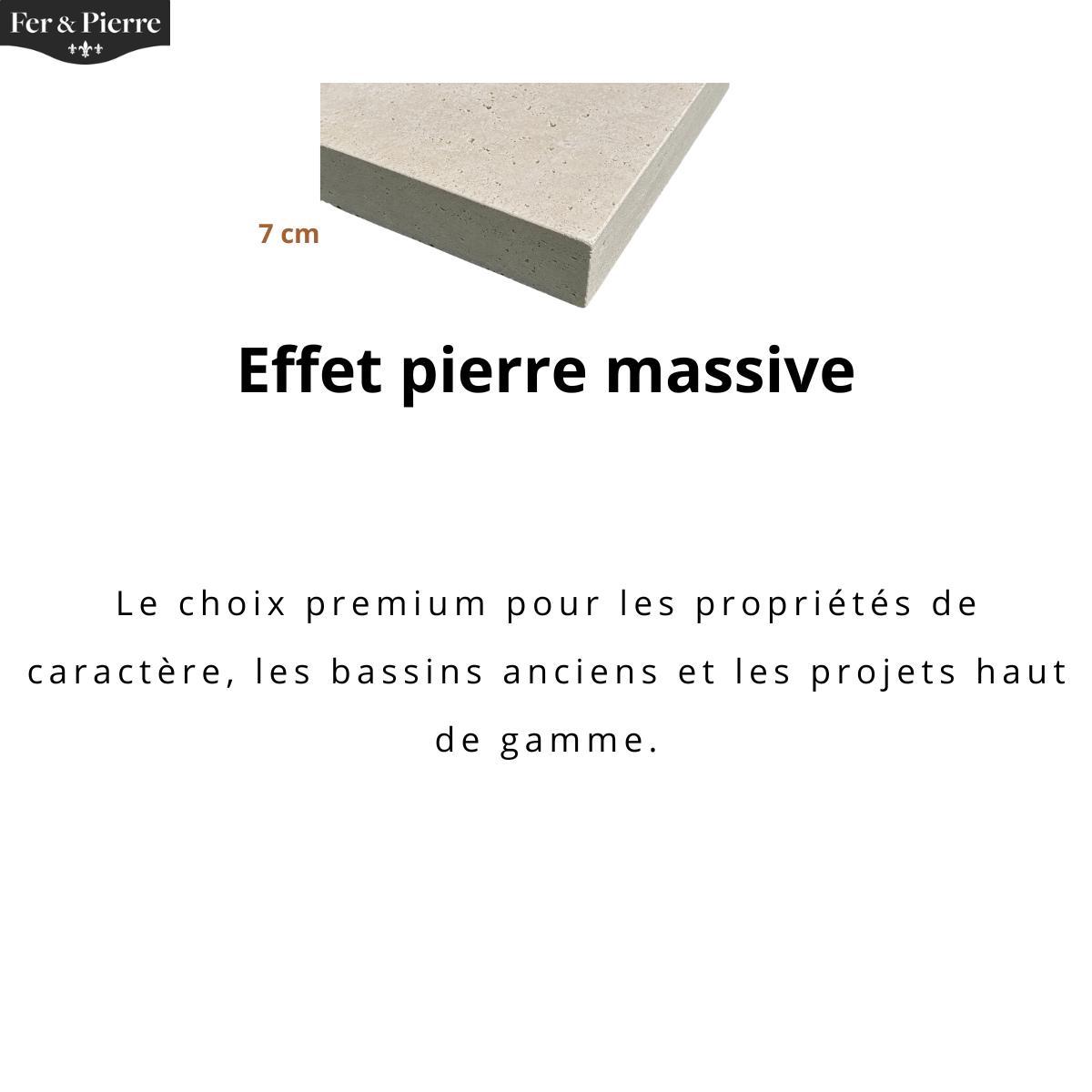 Margelle en travertin beige de 5 cm d'épaisseur avec effet pierre massive, idéale pour les piscines haut de gamme et les projets de caractère.