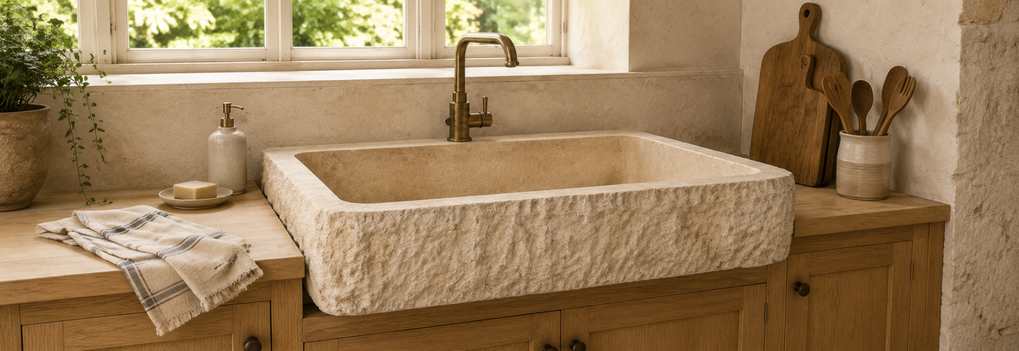 Évier en pierre naturelle en travertin beige dans une cuisine en bois avec robinet en laiton