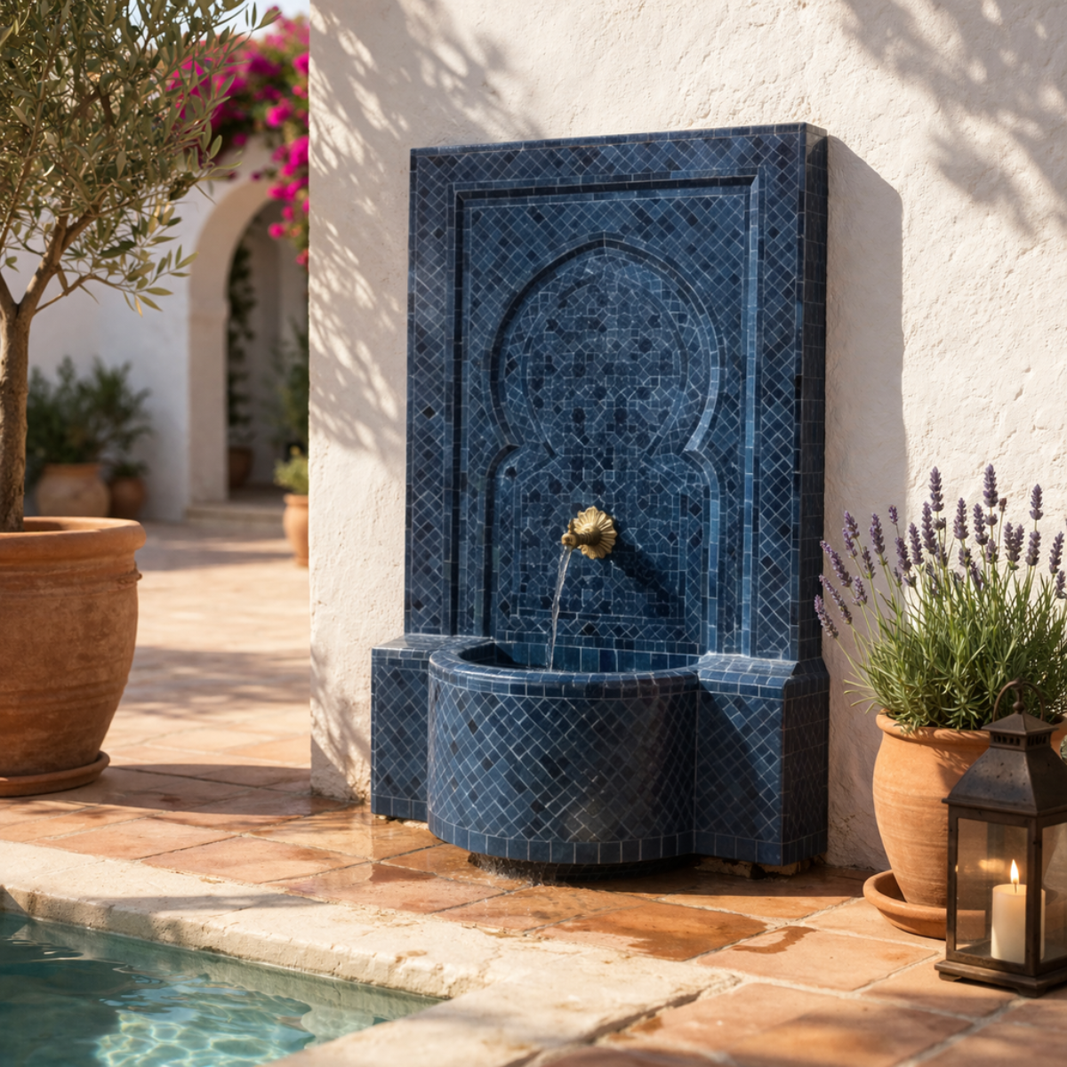 Chaise en fer forgé marron avec assise beige, sur une terrasse en pierre entourée de plantes méditerranéennes et d'une table extérieure.