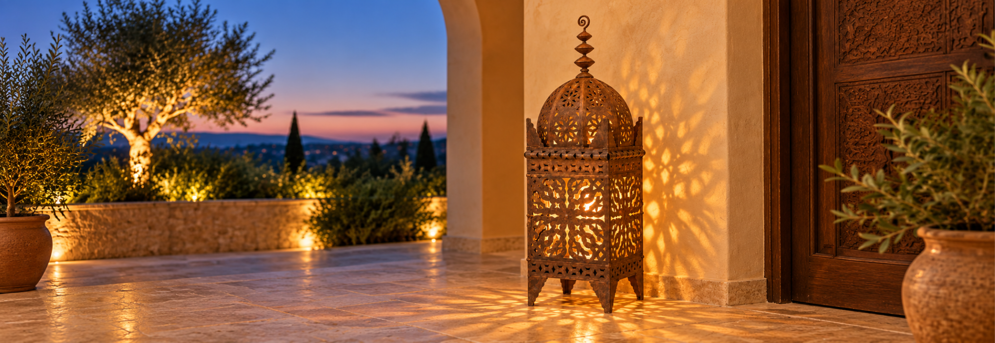 Grande lanterne marocaine artisanale éclairée sur une terrasse extérieure