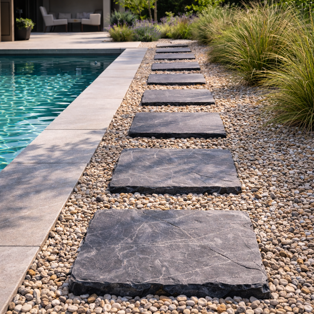 Pas japonais rectangulaires en pierre naturelle antidérapante posés sur gravier, aménagés le long d’une piscine moderne et d’une terrasse extérieure.