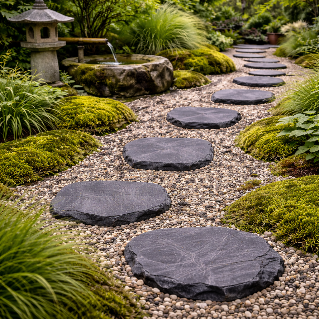 Pas japonais en pierre naturelle aux formes arrondies posés sur gravier, intégrés dans un jardin zen avec mousse, végétation dense et lanterne japonaise.