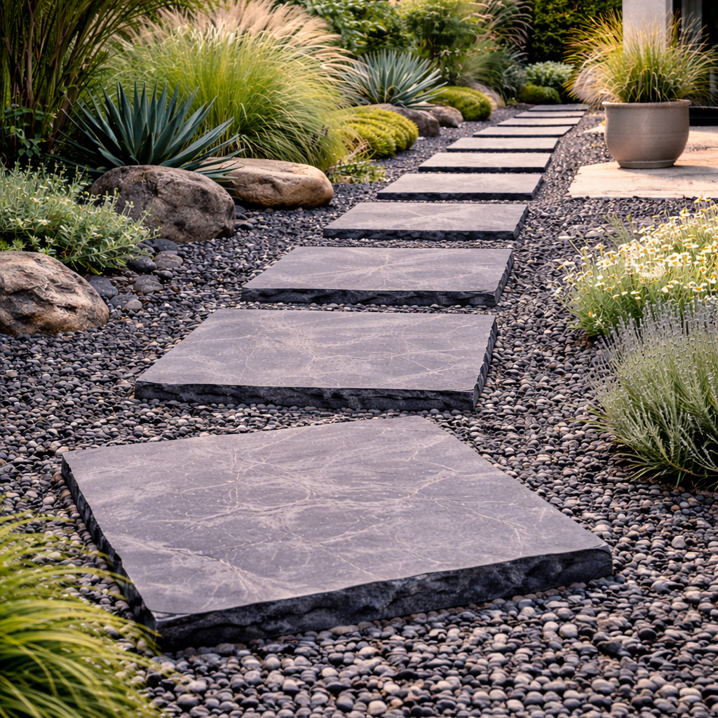 Pas japonais rectangulaires en pierre naturelle sombre posés sur gravier foncé, créant une allée moderne dans un jardin contemporain aux lignes épurées.