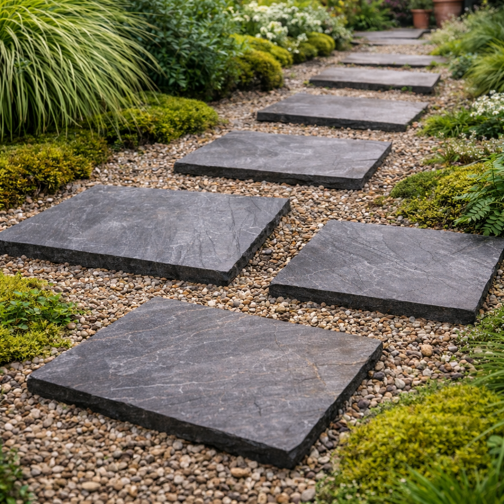 Pas japonais rectangulaires en pierre naturelle sombre posés sur lit de gravier, formant une allée de jardin élégante entourée de végétation verte.