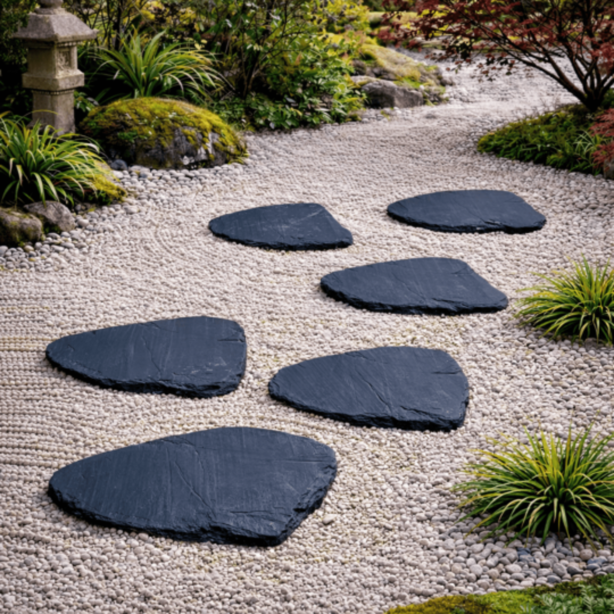 Pas japonais en pierre naturelle noire sur lit de gravillons dans un jardin