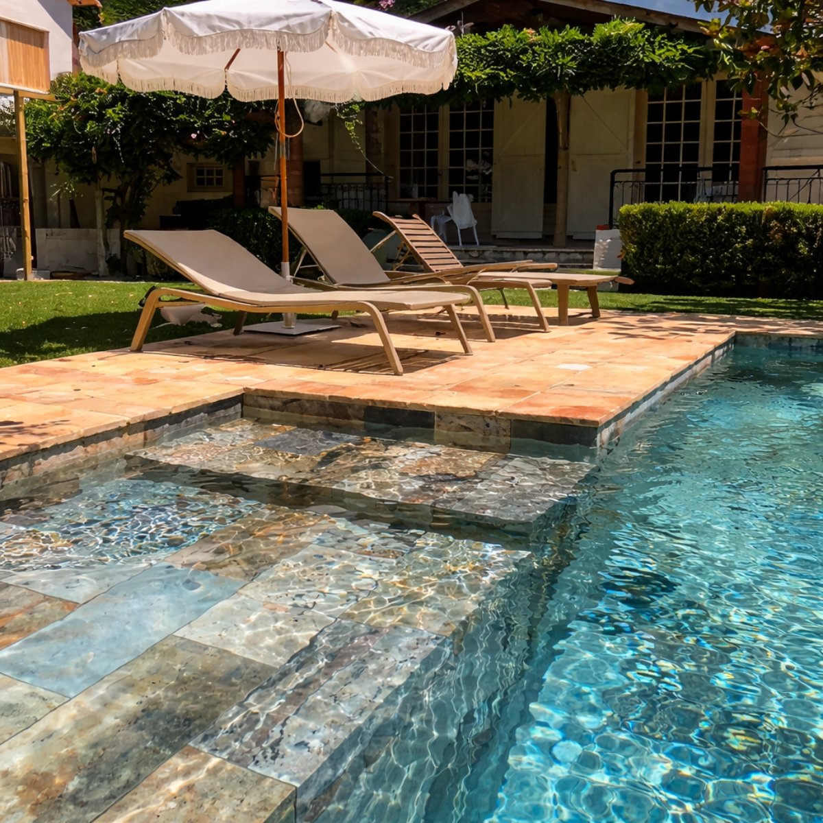 Carrelage mural en zellige marocain beige dans une salle de bain contemporaine