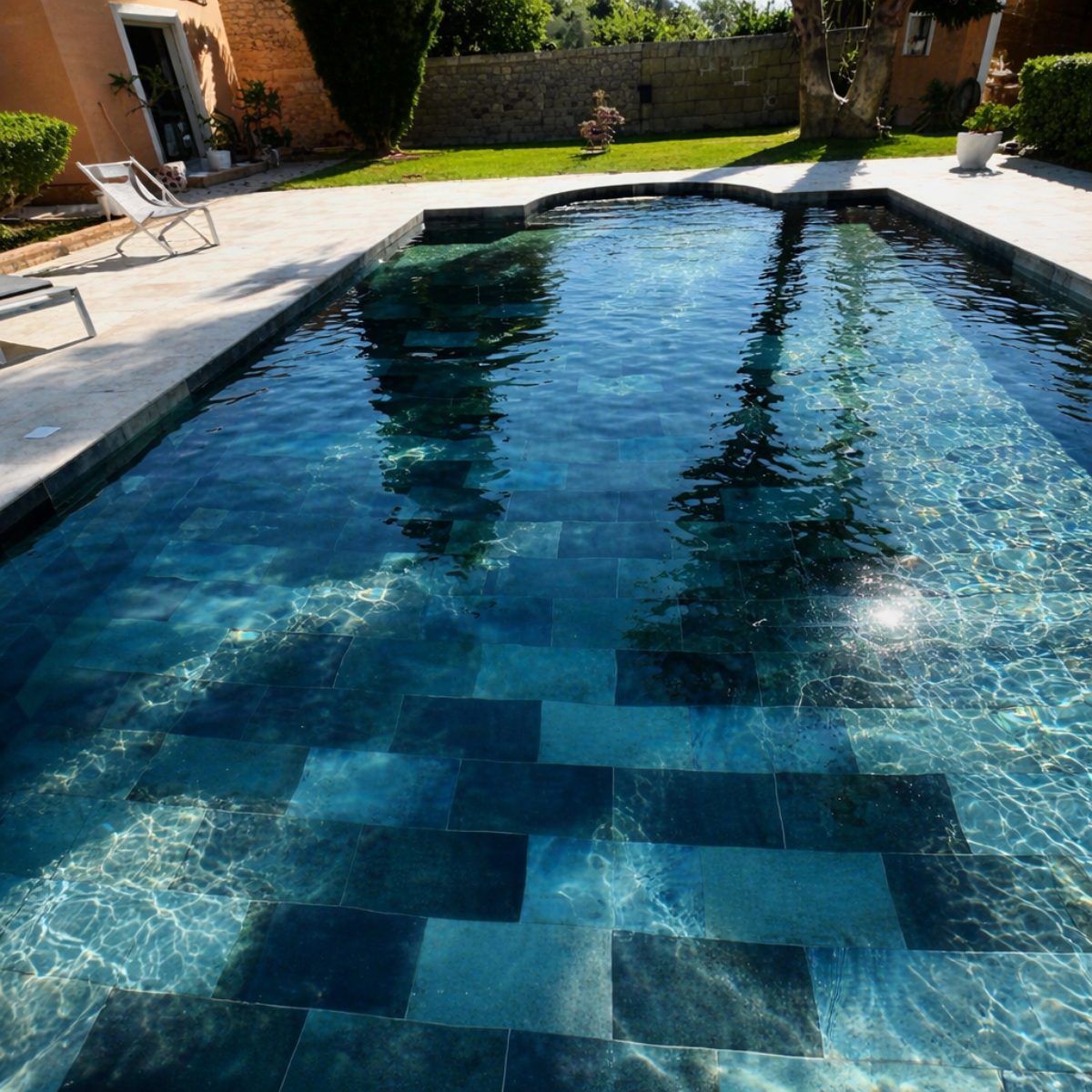 Chaise en fer forgé marron avec coussin beige sur une terrasse extérieure entourée de pots en terre cuite et de fleurs.