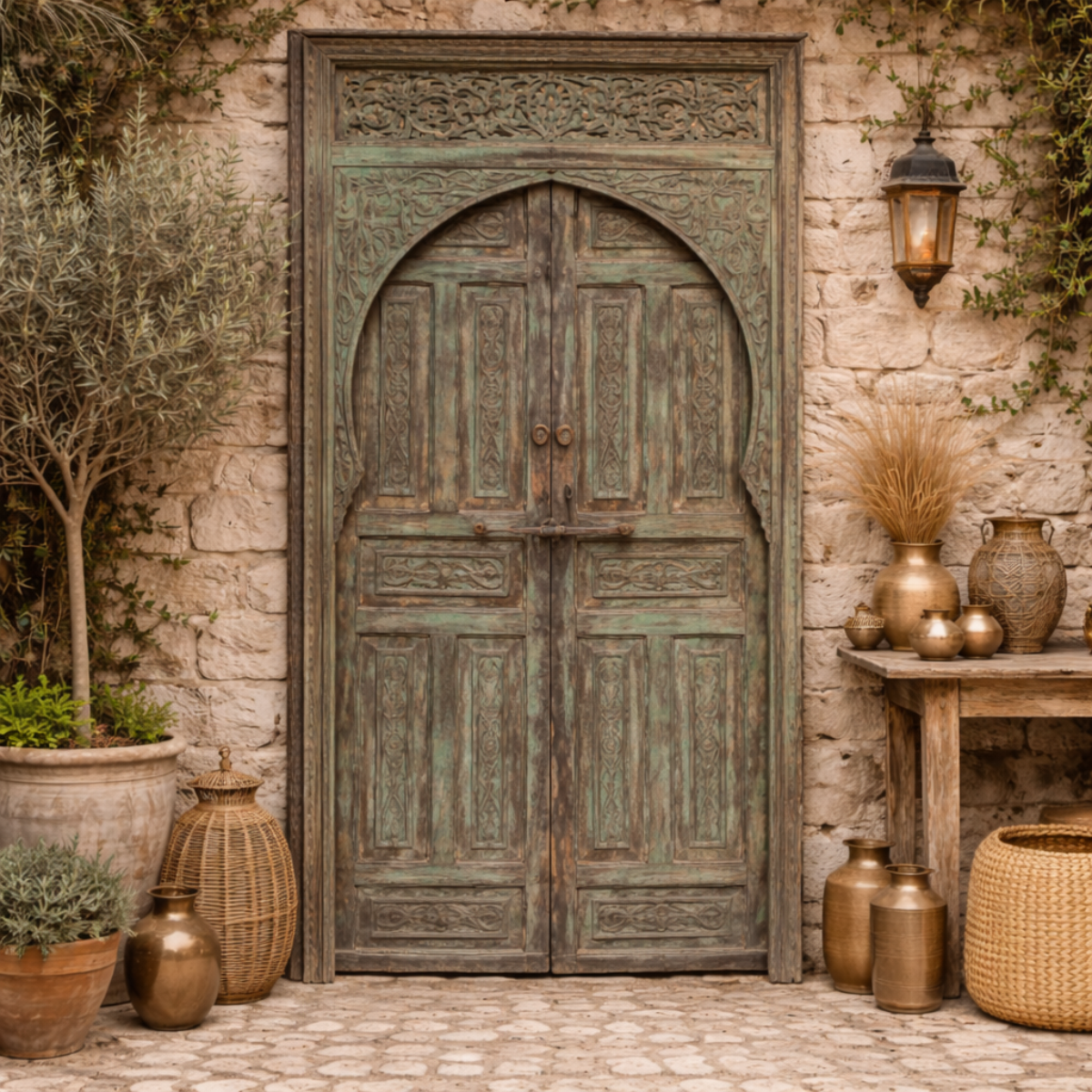 Chaise en fer forgé marron avec coussin beige sur une terrasse extérieure entourée de pots en terre cuite et de fleurs.