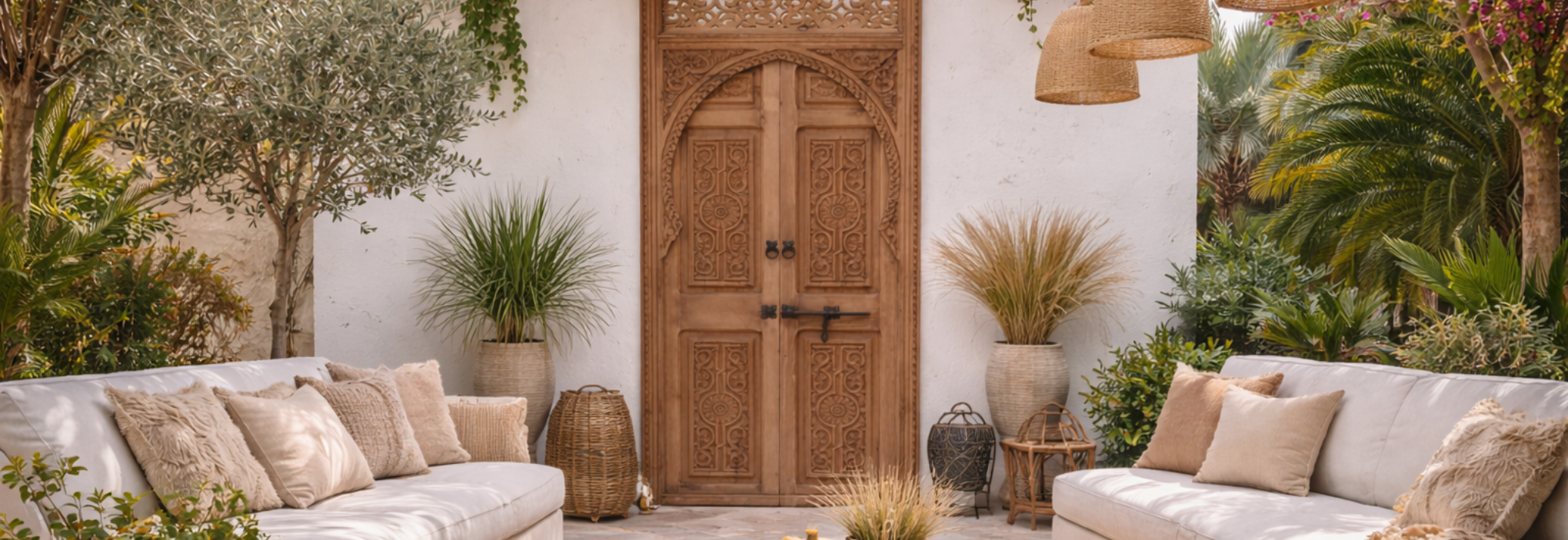 Chaise en fer forgé extérieur avec coussin beige, installée sur une terrasse méditerranéenne entourée de lavande, agrumes et pots en terre cuite.