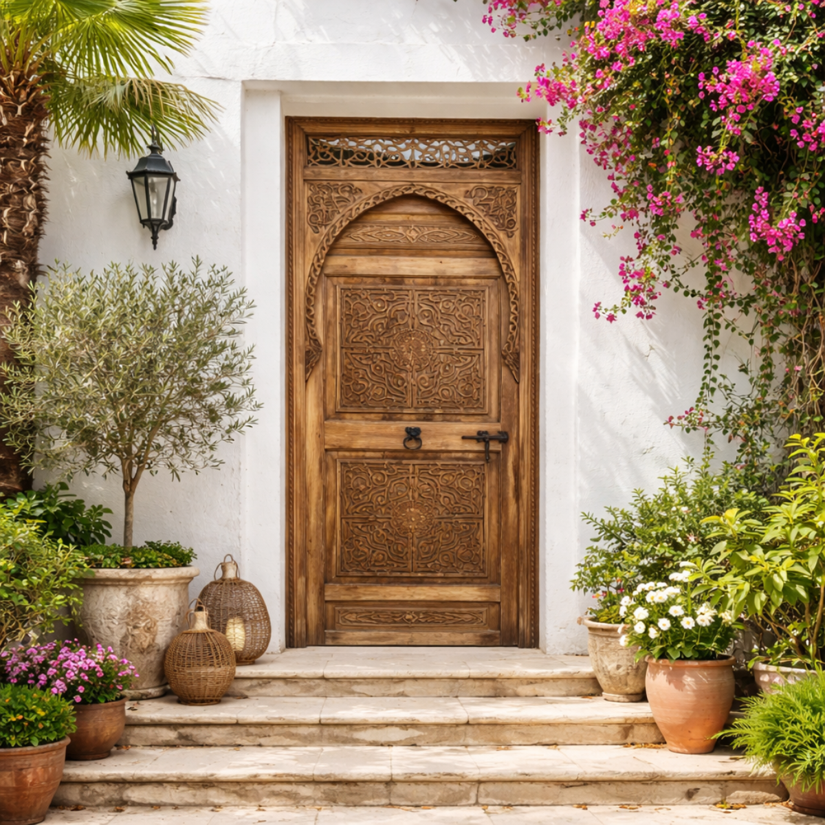 Chaise en fer forgé marron avec assise beige, sur une terrasse en pierre entourée de plantes méditerranéennes et d'une table extérieure.