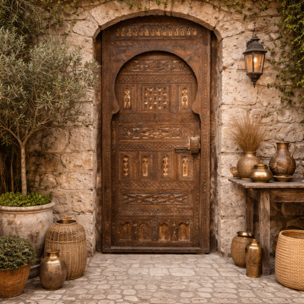 Chaise en fer forgé élégante avec coussin clair, installée sur une terrasse lumineuse avec décor méditerranéen et table de café.