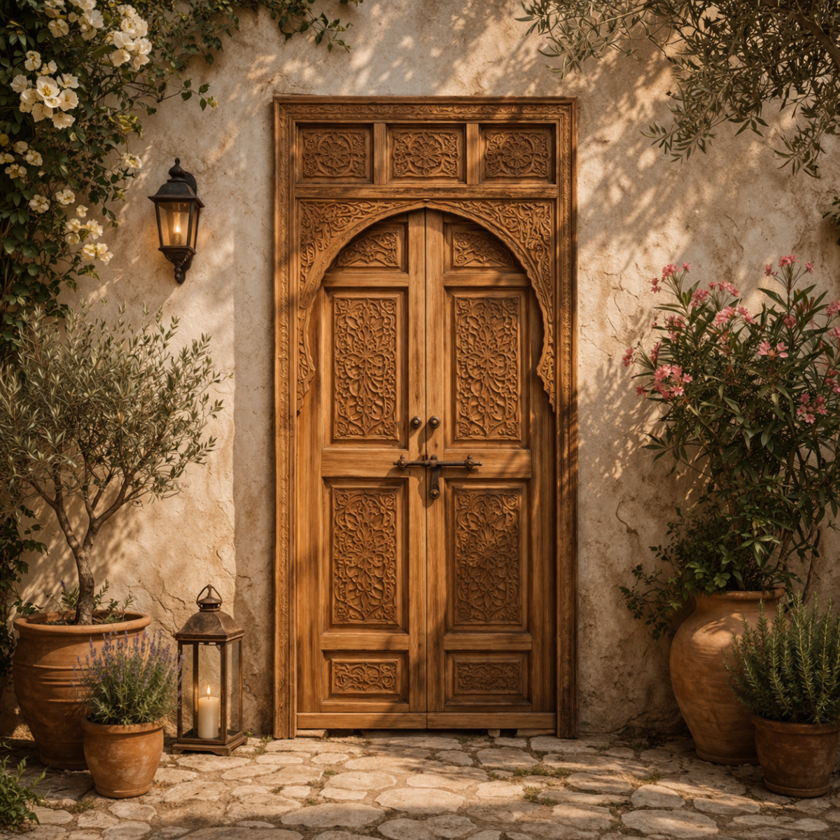 Chaise en fer forgé artisanale avec dossier arrondi et coussin beige, posée sur une terrasse fleurie en extérieur.