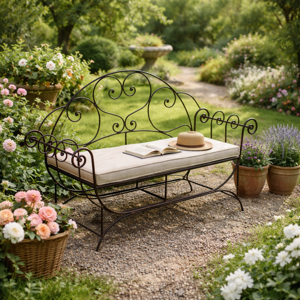 Fauteuil rond en fer forgé avec coussins beige, installé dans un salon chaleureux près d'une cheminée en pierre.