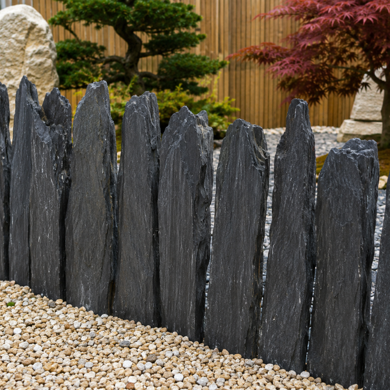 Palis en schiste naturel noir installés en bordure de jardin paysager - FER & PIERRE