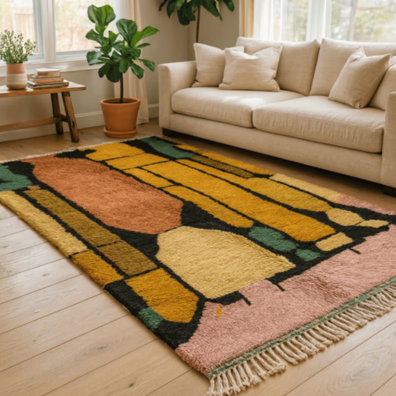 Tapis marocain coloré aux motifs géométriques dans un salon – Fer & Pierre