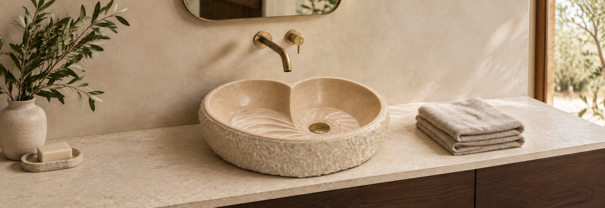 Vasque double en pierre naturelle Beige posée sur un meuble de salle de bain avec robinet mural en laiton