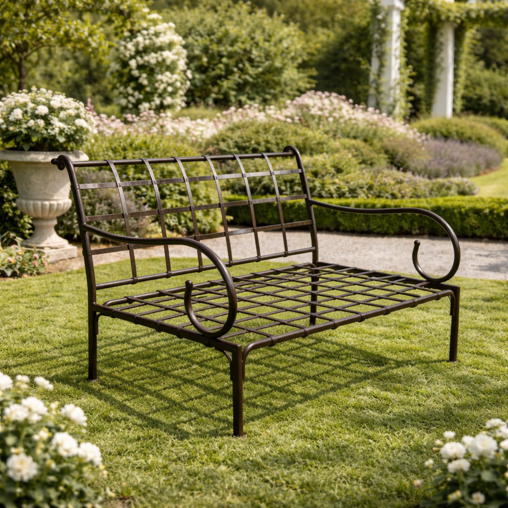 Chaise en fer forgé marron avec coussin beige sur une terrasse extérieure entourée de pots en terre cuite et de fleurs.