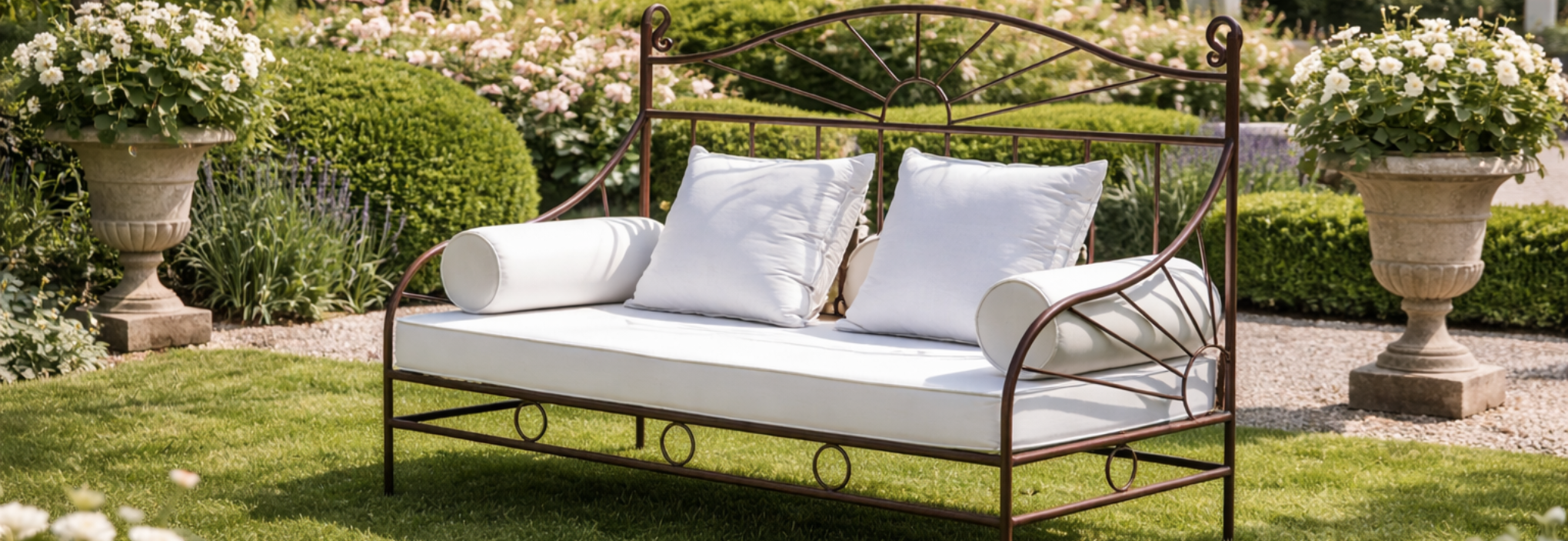 Chaise en fer forgé extérieur avec coussin beige, installée sur une terrasse méditerranéenne entourée de lavande, agrumes et pots en terre cuite.