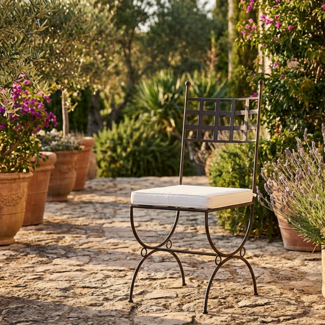 Chaise en fer forgé élégante avec coussin clair, installée sur une terrasse lumineuse avec décor méditerranéen et table de café.