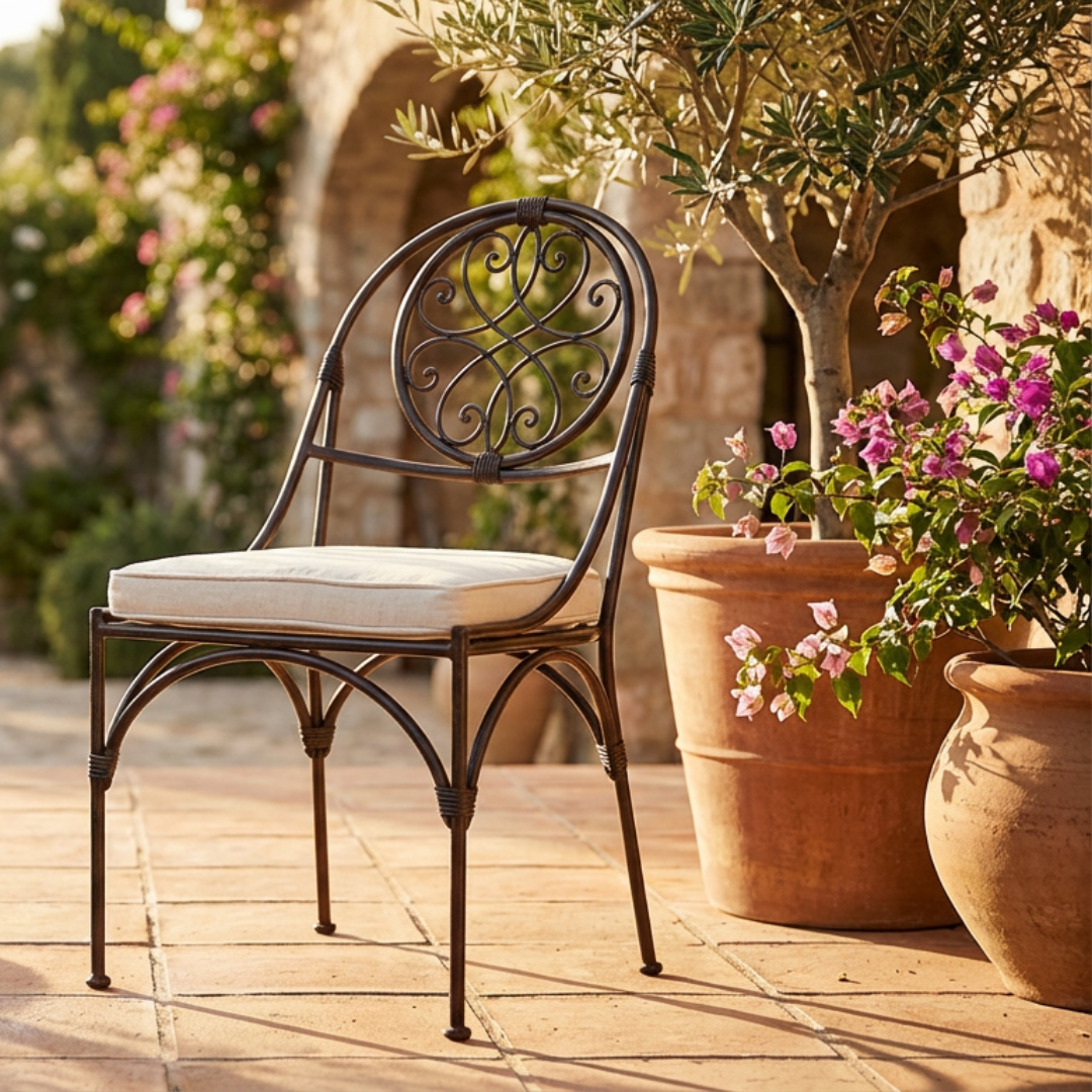 Chaise en fer forgé artisanale avec dossier arrondi et coussin beige, posée sur une terrasse fleurie en extérieur.