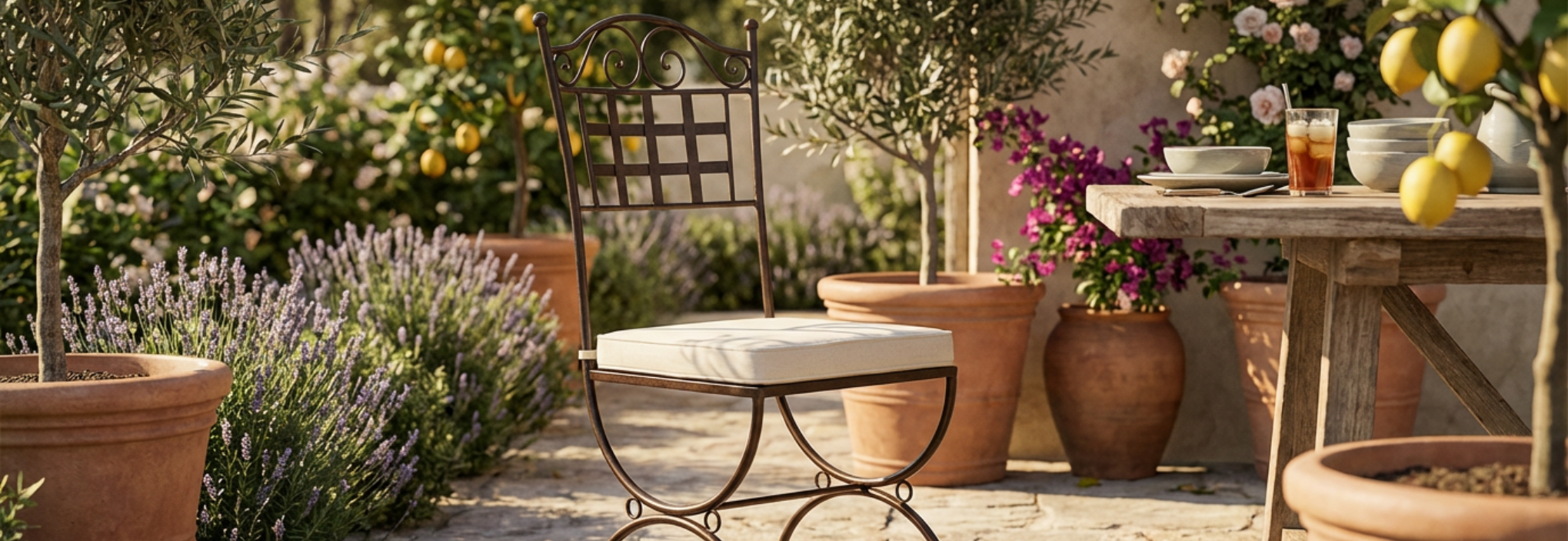 Chaise en fer forgé extérieur avec coussin beige, installée sur une terrasse méditerranéenne entourée de lavande, agrumes et pots en terre cuite.