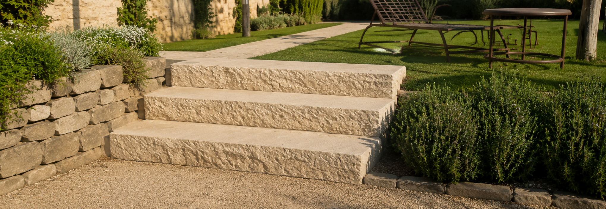 Bloc marche en Pierre de Kandla beige pour créer un escalier extérieur dans un jardin paysager