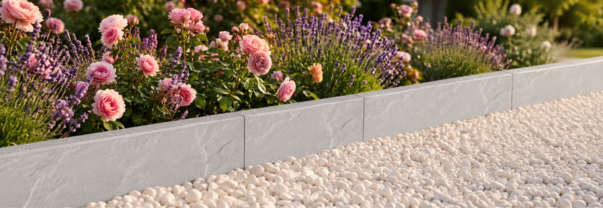 Bordure en Pierre de Kandla grise délimitant un massif fleuri avec allée en gravier décoratif