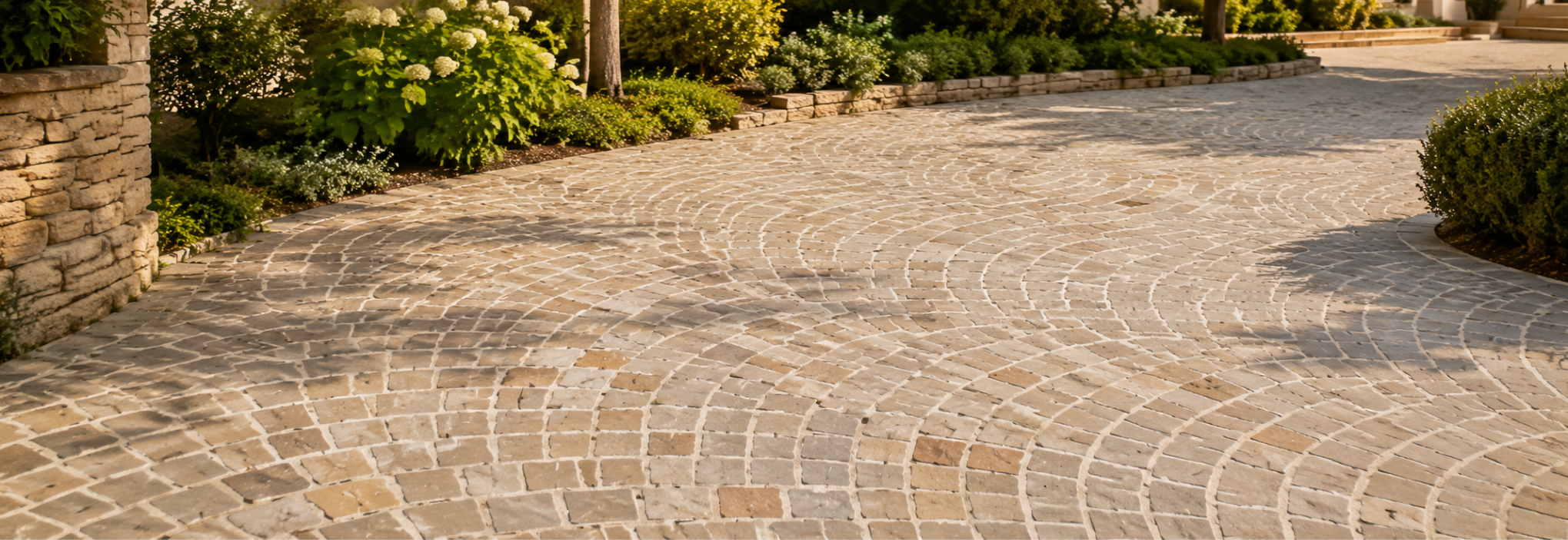 Pavés en Pierre de Kandla en pose éventail pour aménager une allée de jardin en pierre naturelle