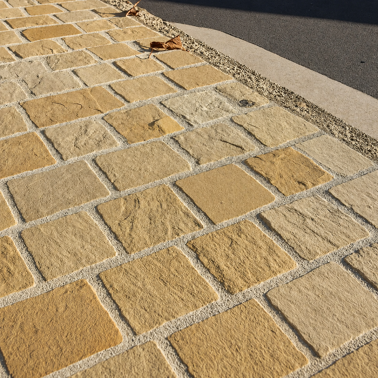 Pavés en Pierre de Kandla beige posés en opus pour aménager une allée extérieure en pierre naturelle