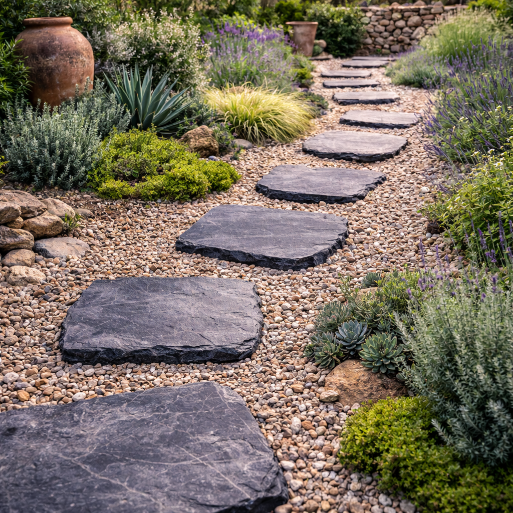 Pas japonais en pierre naturelle aux formes irrégulières posés sur gravier clair, intégrés dans un jardin méditerranéen avec lavande, plantes sèches et poteries.