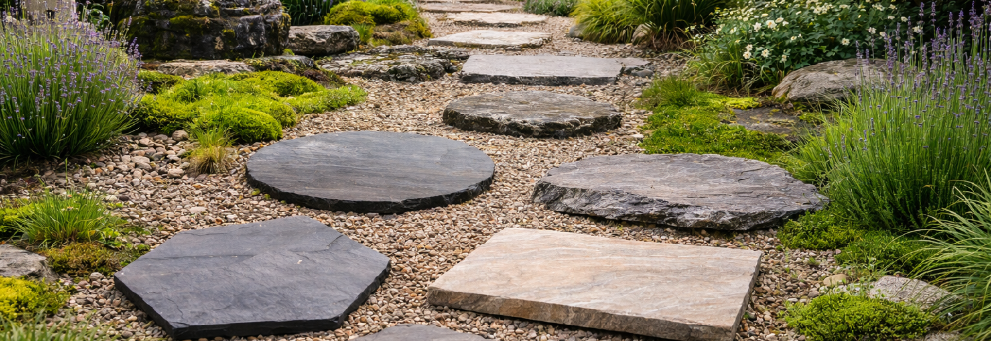 Pas japonais en pierre naturelle de formes variées (rond, hexagonal, irrégulier et rectangulaire) posés sur gravier, intégrés dans un jardin paysager avec végétation verte et lavande, pour une allée décorative et zen.
