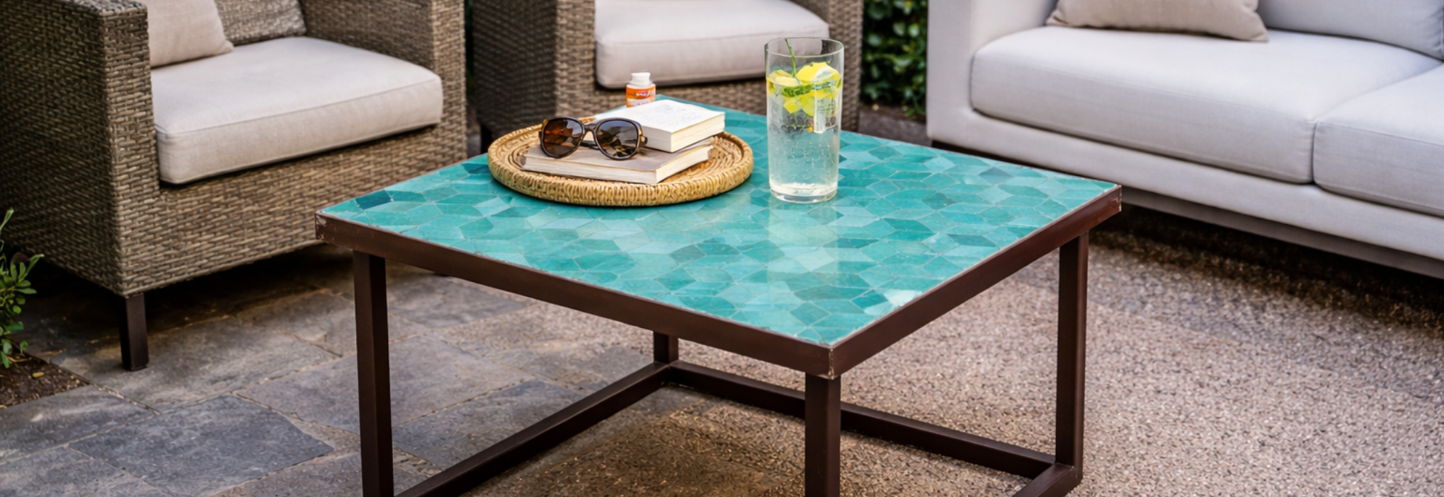 Chaise en fer forgé extérieur avec coussin beige, installée sur une terrasse méditerranéenne entourée de lavande, agrumes et pots en terre cuite.